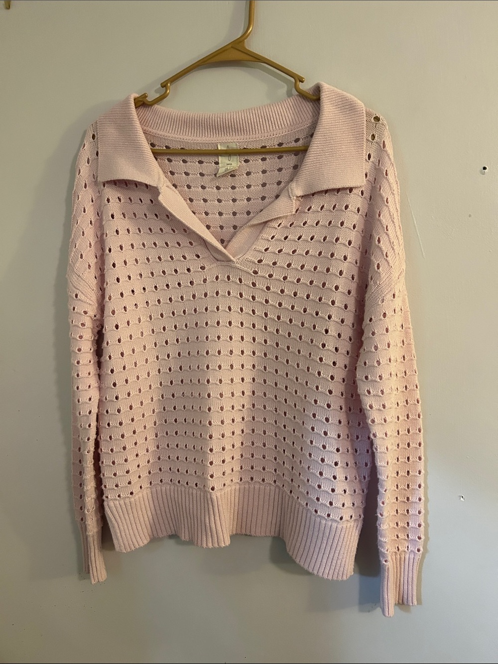 Joie Pastel Pink Open-Knit V-Neck Collared Sweater